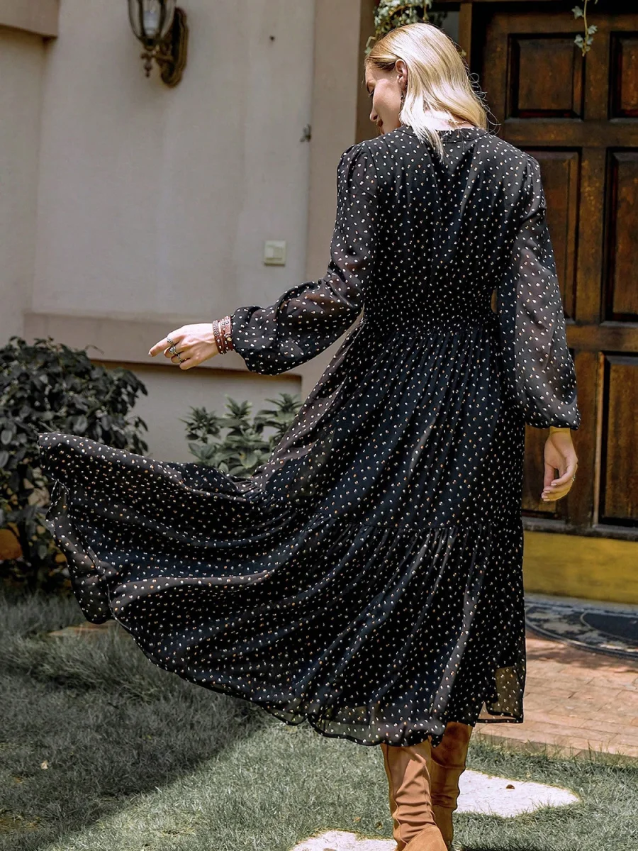 Embroidered Polka Dot Tie Neck Long Sleeve Midi Dress - Image 2 | Lily's Pad Studio