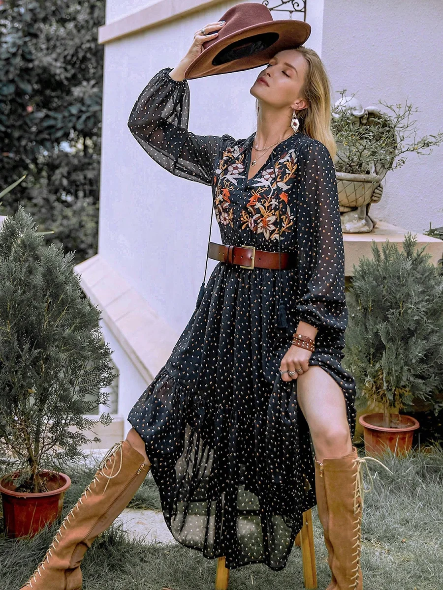 Embroidered Polka Dot Tie Neck Long Sleeve Midi Dress - Image 3 | Lily's Pad Studio