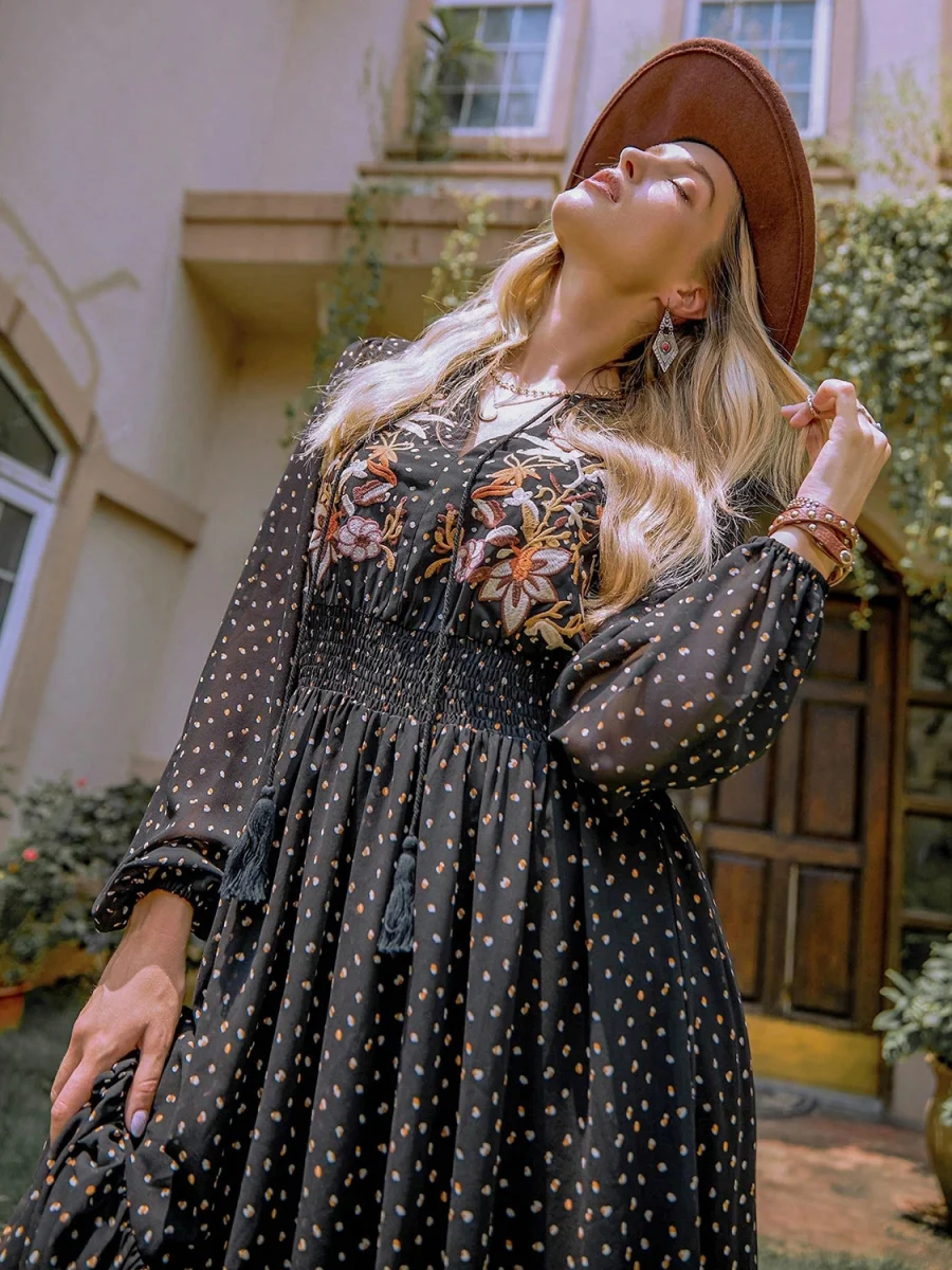 Embroidered Polka Dot Tie Neck Long Sleeve Midi Dress - Image 4 | Lily's Pad Studio