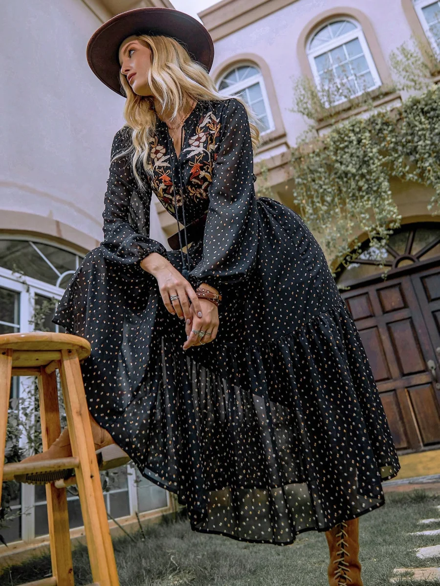 Embroidered Polka Dot Tie Neck Long Sleeve Midi Dress - Image 5 | Lily's Pad Studio