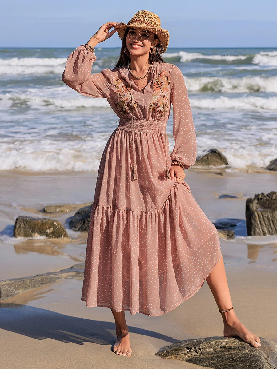 Embroidered Polka Dot Tie Neck Long Sleeve Midi Dress - Image 6 | Lily's Pad Studio