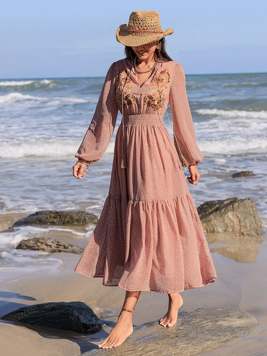 Embroidered Polka Dot Tie Neck Long Sleeve Midi Dress - Image 7 | Lily's Pad Studio