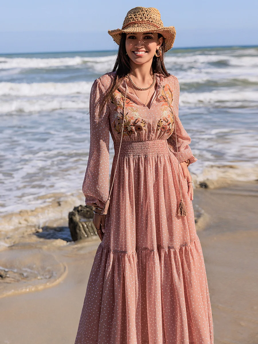 Embroidered Polka Dot Tie Neck Long Sleeve Midi Dress - Image 8 | Lily's Pad Studio