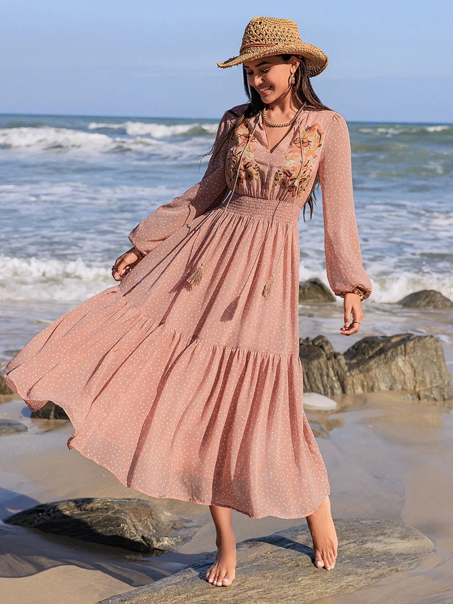 Embroidered Polka Dot Tie Neck Long Sleeve Midi Dress - Image 9 | Lily's Pad Studio