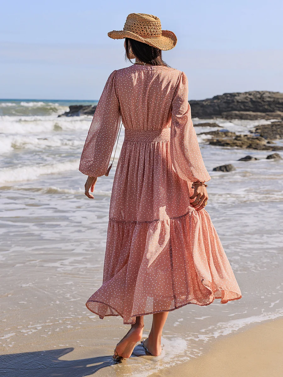 Embroidered Polka Dot Tie Neck Long Sleeve Midi Dress - Image 10 | Lily's Pad Studio