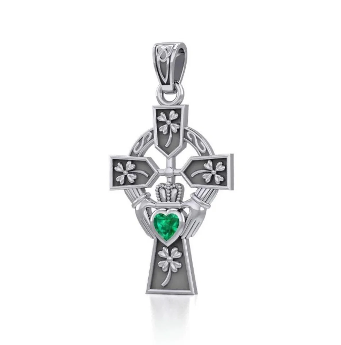 Exquisite Emerald Claddagh Cross Pendant in Sterling Silver – Celtic Jewelry Gift - Image 2 | Lily's Pad Studio