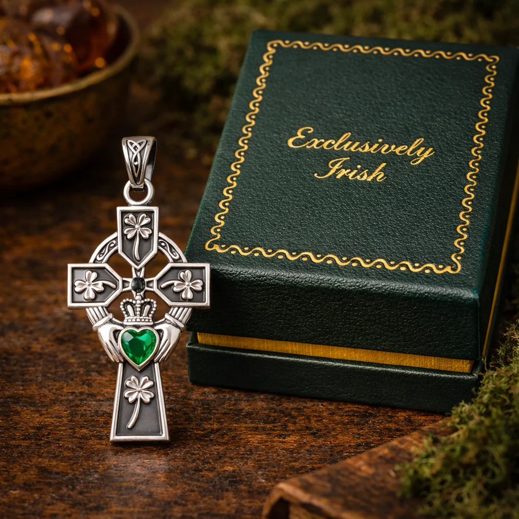 Exquisite Emerald Claddagh Cross Pendant in Sterling Silver – Celtic Jewelry Gift - Image 1 | Lily's Pad Studio