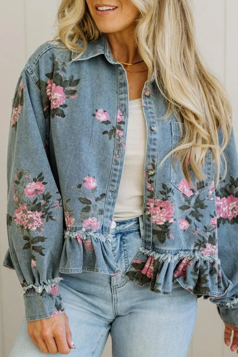 Floral Print Denim Jacket with Ruffled Hem - Image 1 | Lily's Pad Studio