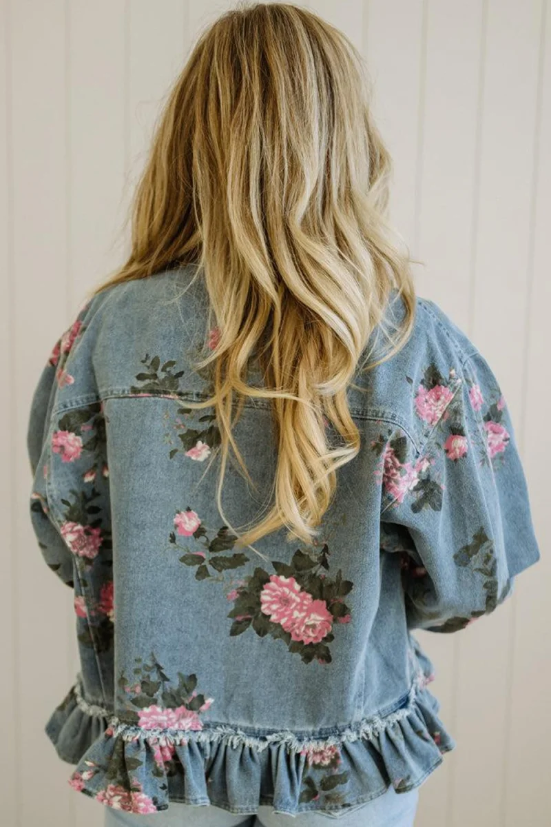 Floral Print Denim Jacket with Ruffled Hem - Image 2 | Lily's Pad Studio