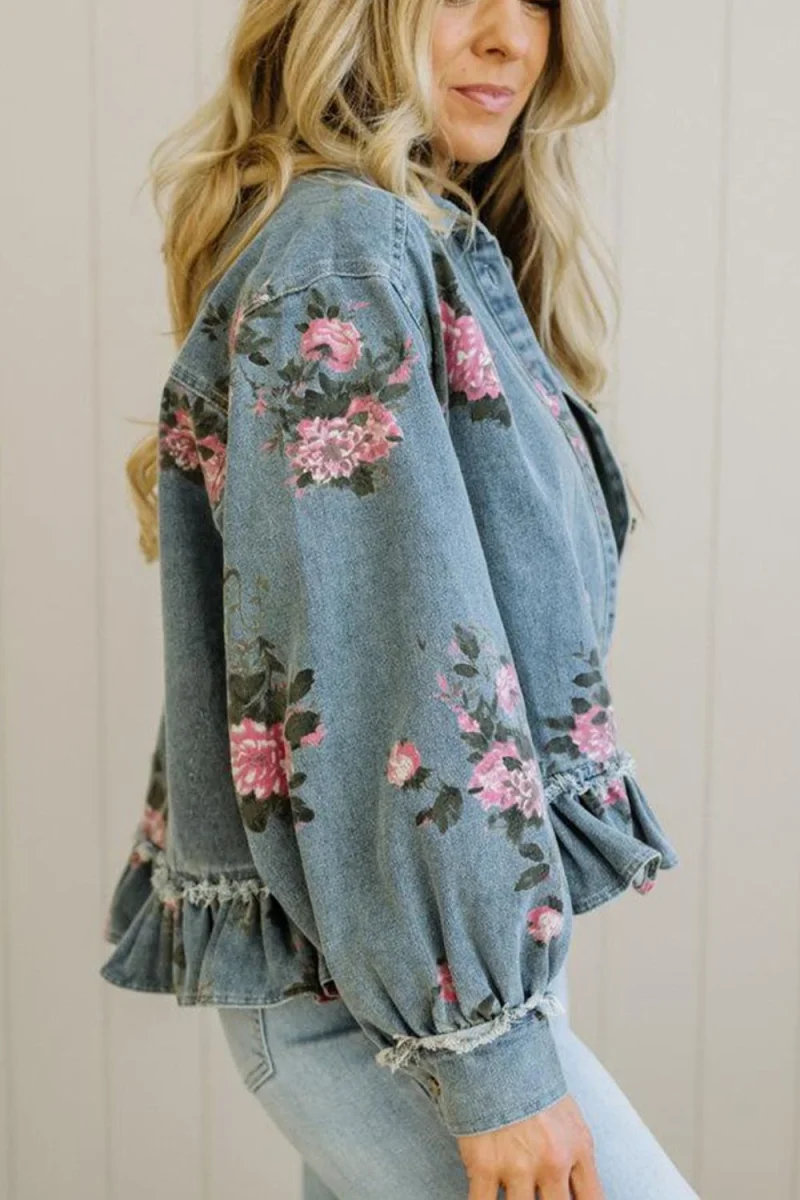 Floral Print Denim Jacket with Ruffled Hem - Image 3 | Lily's Pad Studio