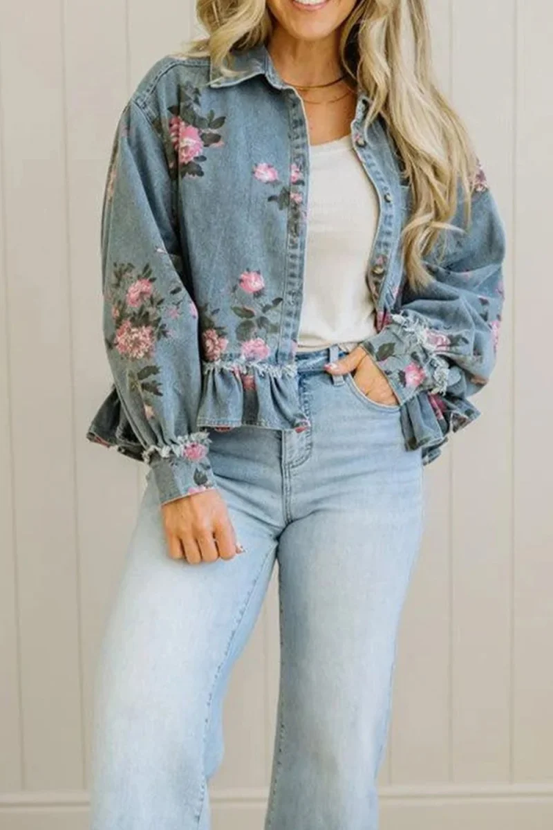 Floral Print Denim Jacket with Ruffled Hem - Image 4 | Lily's Pad Studio
