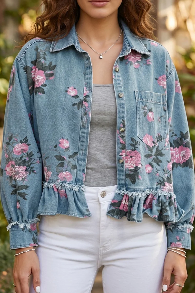 Floral Print Denim Jacket with Ruffled Hem - Image 5 | Lily's Pad Studio