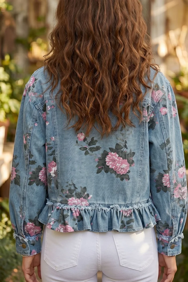 Floral Print Denim Jacket with Ruffled Hem - Image 6 | Lily's Pad Studio