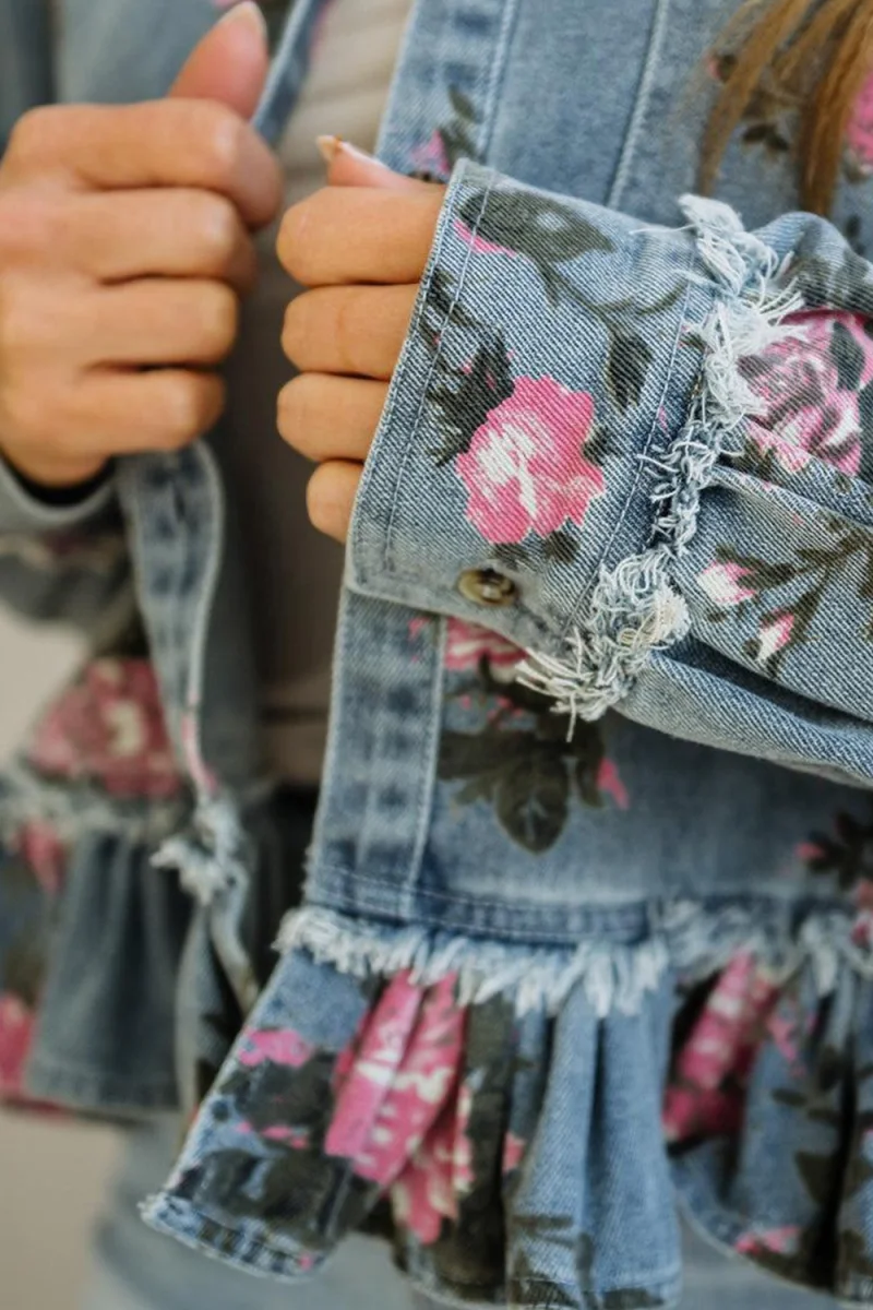 Floral Print Denim Jacket with Ruffled Hem - Image 7 | Lily's Pad Studio