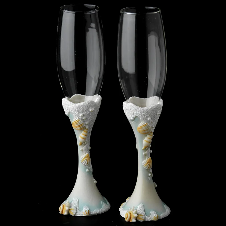 Glistening Beach Toasting Champagne Flutes – Wedding & Beach-Themed Reception Glasses - Image 2 | Lily's Pad Studio