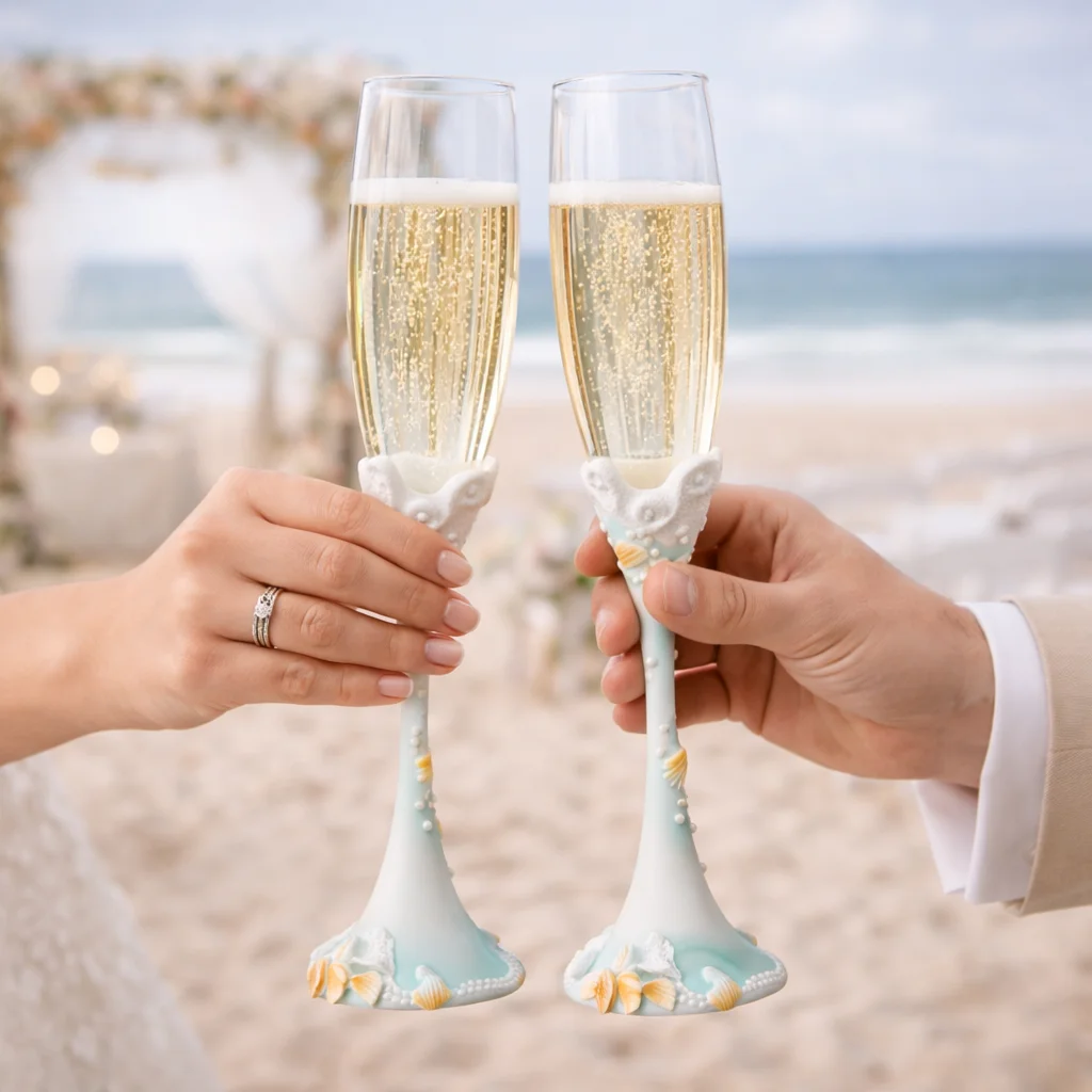 Glistening Beach Toasting Champagne Flutes – Wedding & Beach-Themed Reception Glasses - Wedding | Lily's Pad Studio