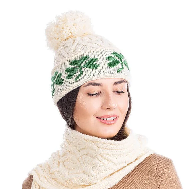 Green Shamrock Wool Hat – Irish Merino Wool Knit Beanie with Pom Pom - Image 2 | Lily's Pad Studio
