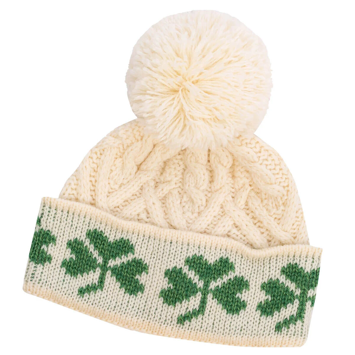 Green Shamrock Wool Hat – Irish Merino Wool Knit Beanie with Pom Pom - Image 5 | Lily's Pad Studio