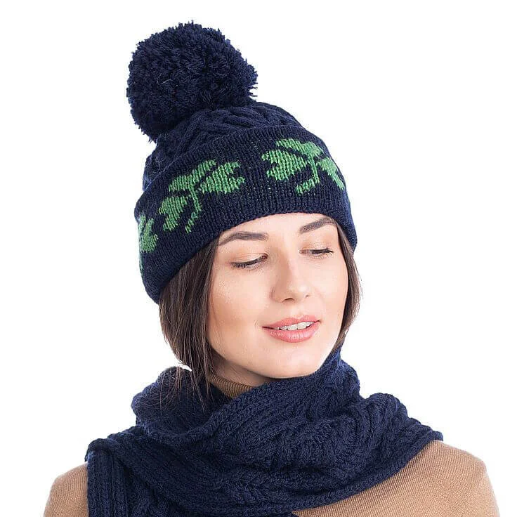 Green Shamrock Wool Hat – Irish Merino Wool Knit Beanie with Pom Pom - Image 3 | Lily's Pad Studio