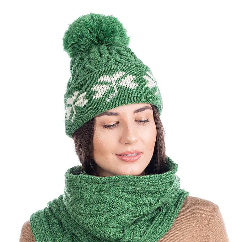 Green Shamrock Wool Hat – Irish Merino Wool Knit Beanie with Pom Pom - Image 4 | Lily's Pad Studio