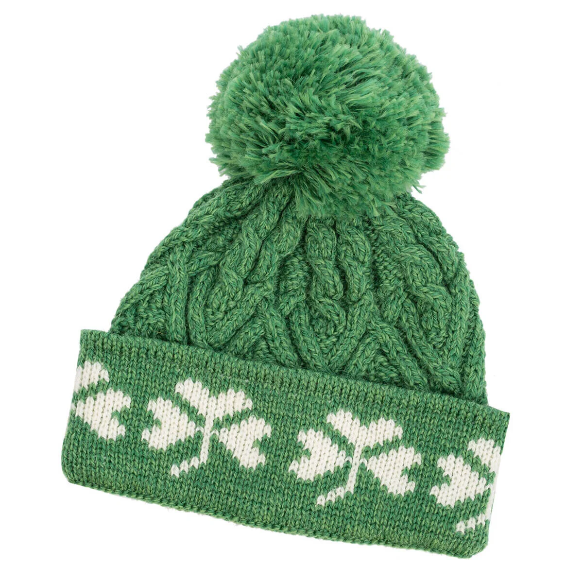 Green Shamrock Wool Hat – Irish Merino Wool Knit Beanie with Pom Pom - Image 6 | Lily's Pad Studio