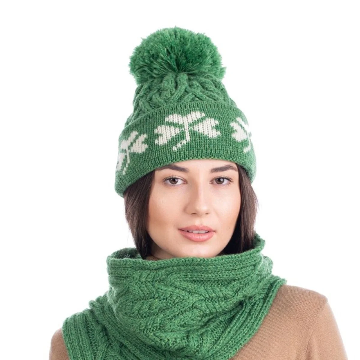 Green Shamrock Wool Hat – Irish Merino Wool Knit Beanie with Pom Pom - Image 9 | Lily's Pad Studio