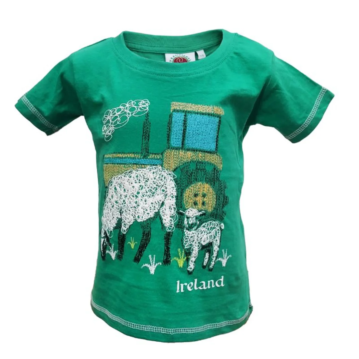Green Sheep Tractor Kids Cotton T-Shirt - Image 1 | Lily's Pad Studio