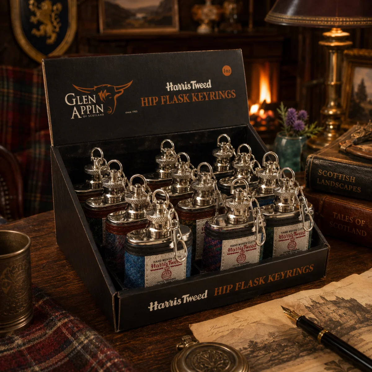 Harris Tweed 1oz Hip Flask Keyrings - Image 1 | Lily's Pad Studio