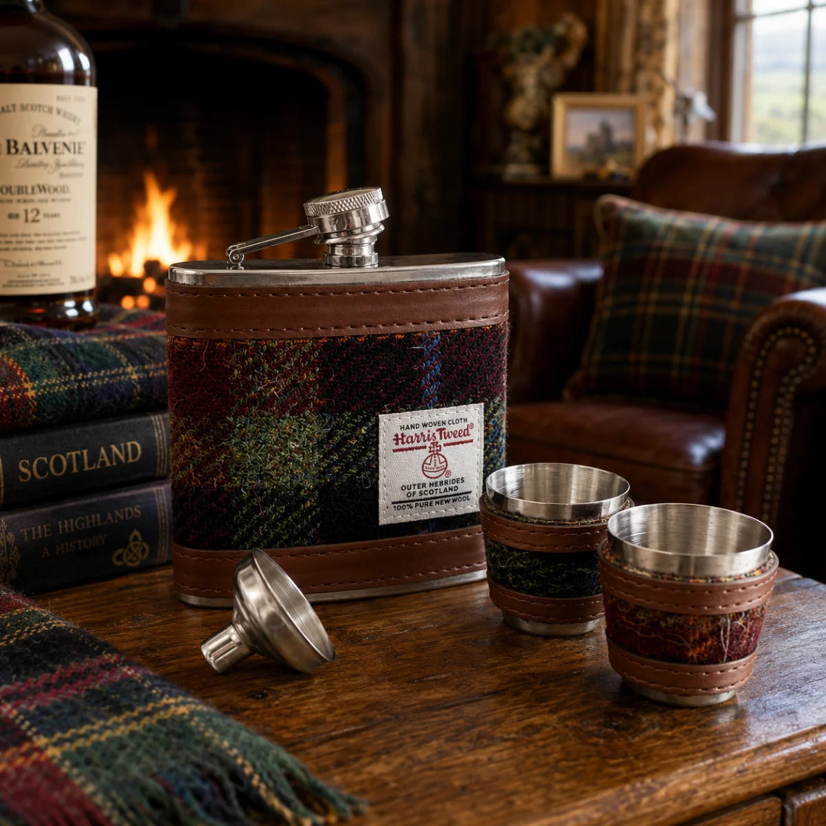 Harris Tweed 6oz Hip Flask Gift Set | Lily's Pad Studio