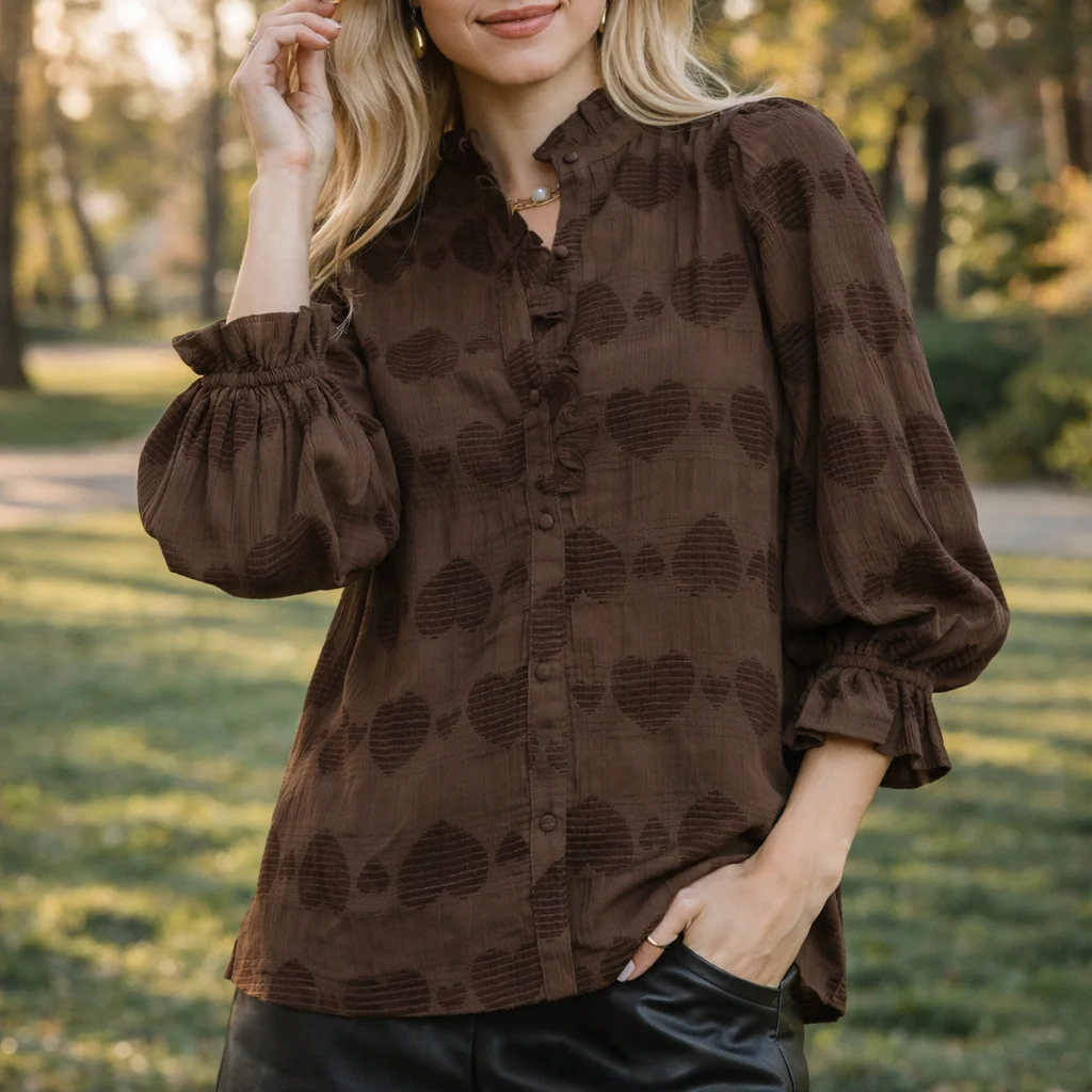 Heart Jacquard Ruffle Trim Shirt – Valentine’s Long Sleeve Knit Top - Valentine's Day | Lily's Pad Studio