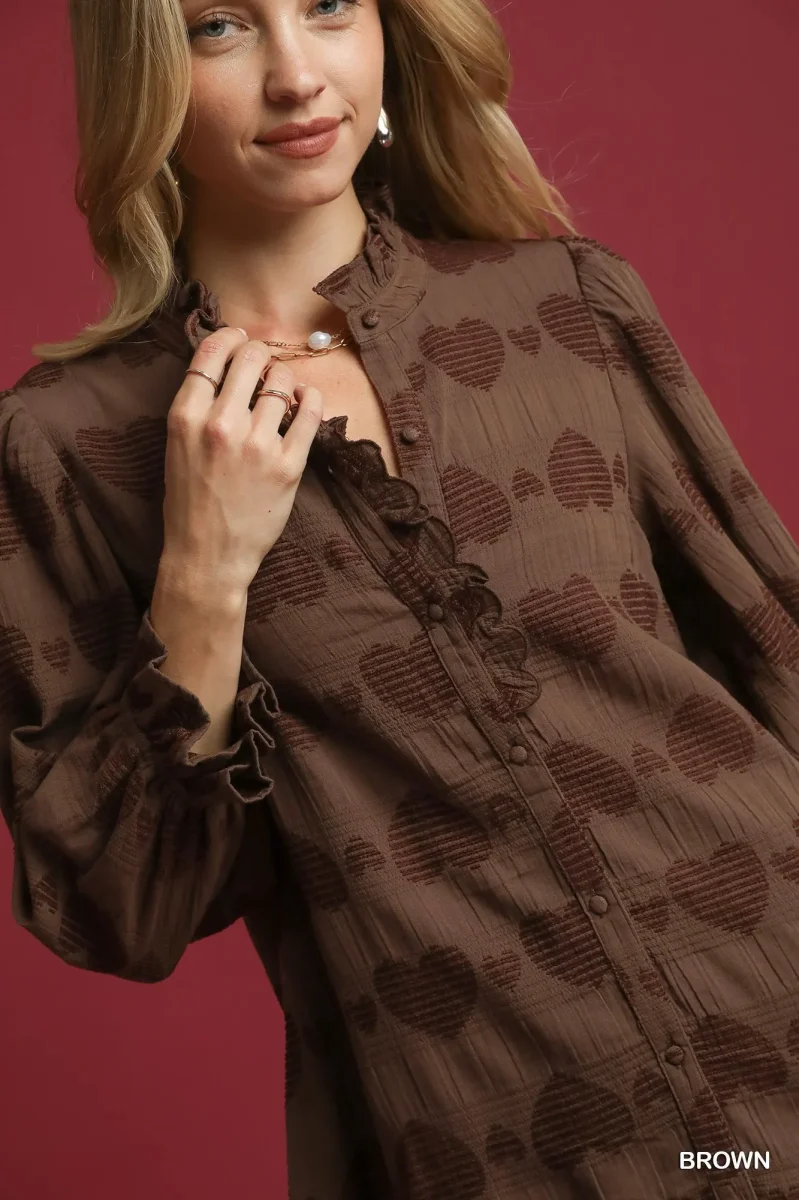Heart Jacquard Ruffle Trim Shirt – Valentine’s Long Sleeve Knit Top - Image 3 | Lily's Pad Studio