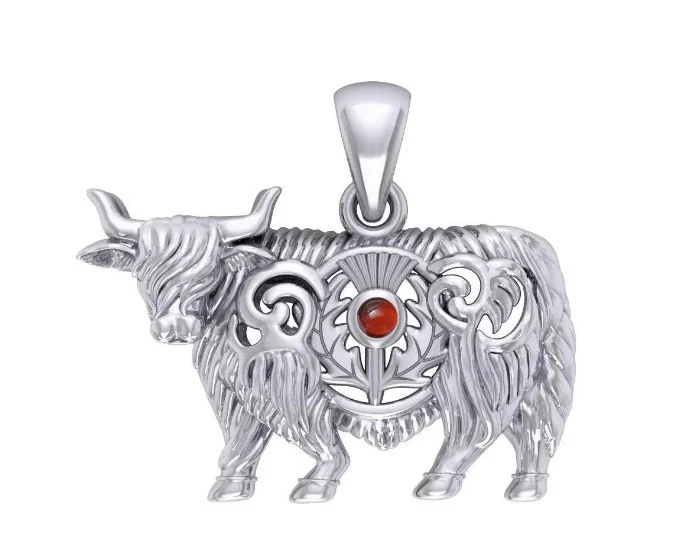 Highland Cow & Scottish Thistle Sterling Silver Pendant with Emerald or Garnet - Image 3 | Lily's Pad Studio