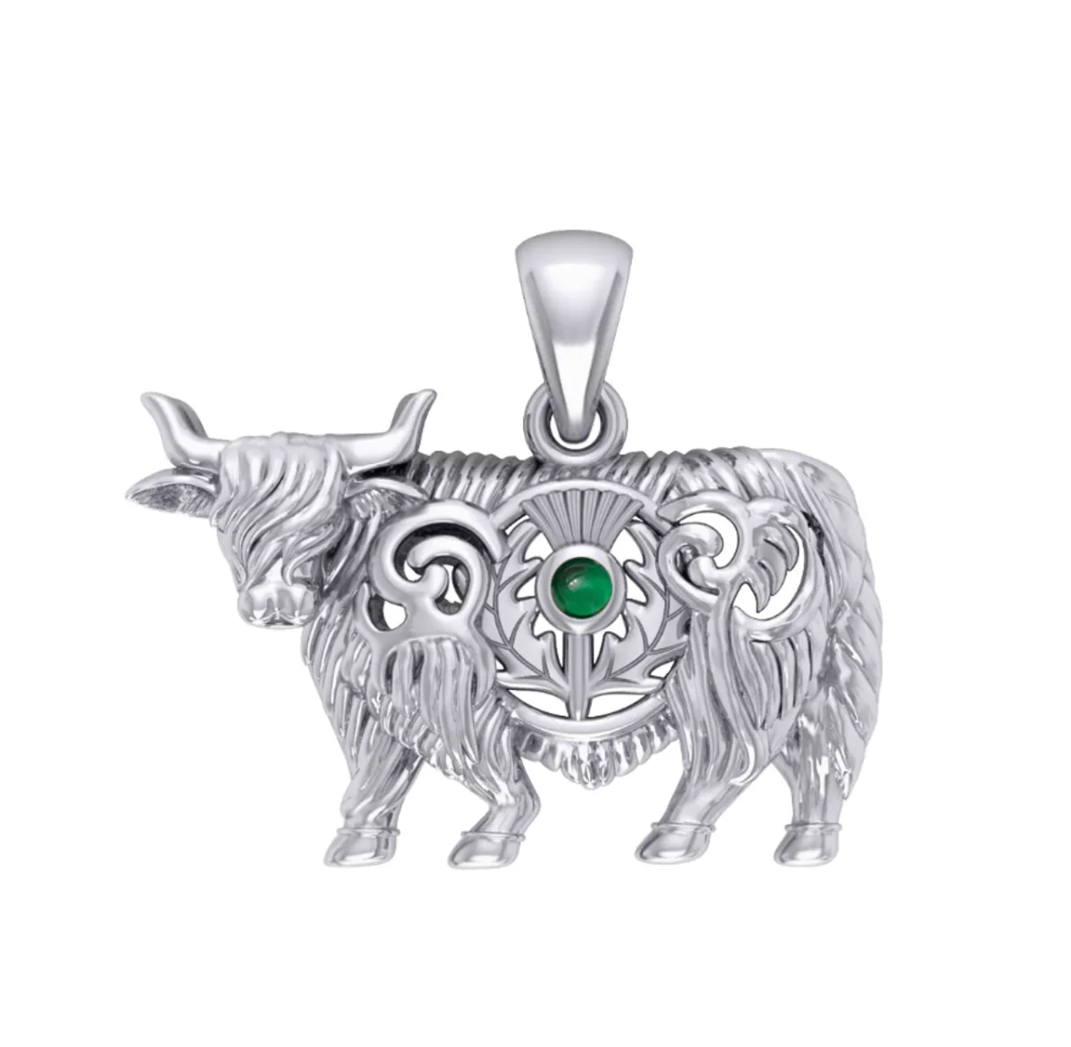 Highland Cow & Scottish Thistle Sterling Silver Pendant with Emerald or Garnet - Image 2 | Lily's Pad Studio