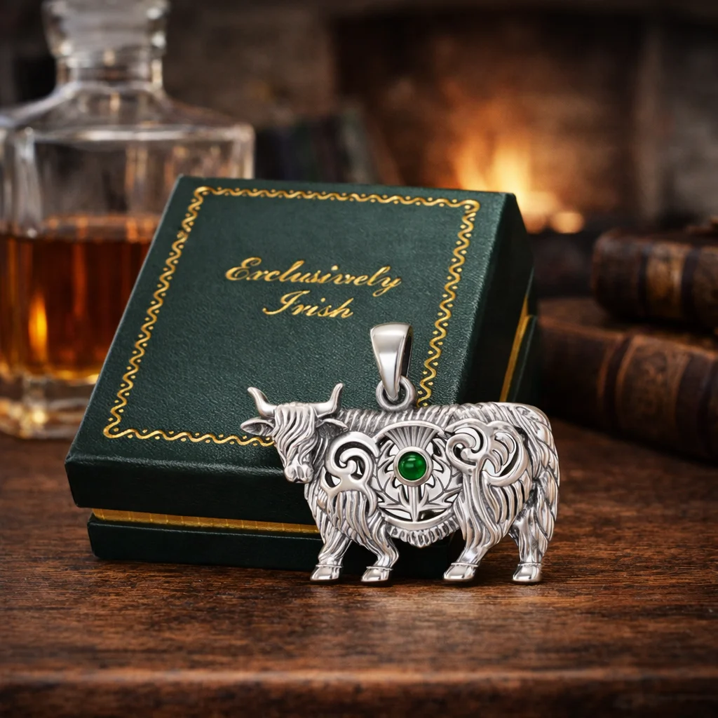 Highland Cow & Scottish Thistle Sterling Silver Pendant with Emerald or Garnet | Lily's Pad Studio