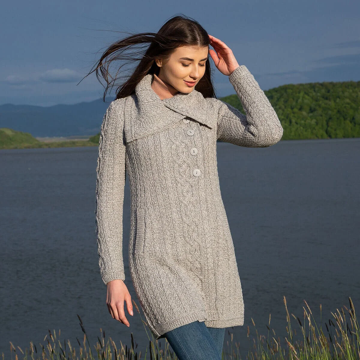 Irish Ladies 4 Button Collar Merino Wool Cable Knit Coat – Made in Ireland - Image 7 | Lily's Pad Studio