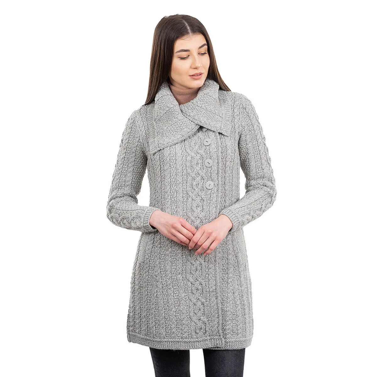 Irish Ladies 4 Button Collar Merino Wool Cable Knit Coat – Made in Ireland - Image 9 | Lily's Pad Studio