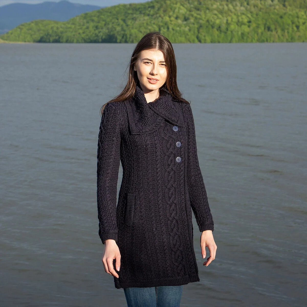 Irish Ladies 4 Button Collar Merino Wool Cable Knit Coat – Made in Ireland - Irish Gifts | Lily's Pad Studio