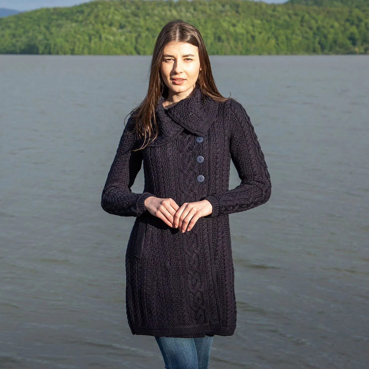 Irish Ladies 4 Button Collar Merino Wool Cable Knit Coat – Made in Ireland - Image 3 | Lily's Pad Studio