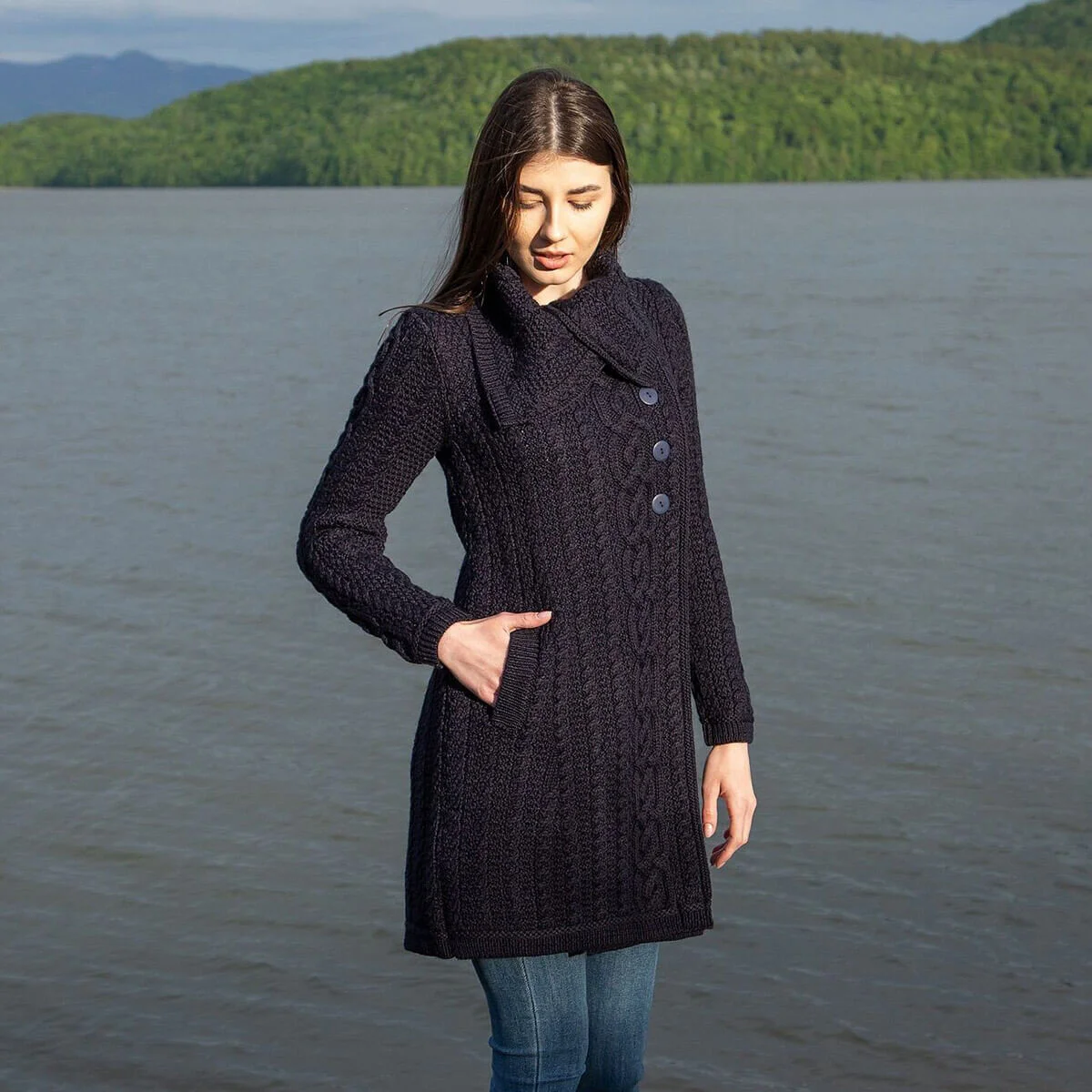 Irish Ladies 4 Button Collar Merino Wool Cable Knit Coat – Made in Ireland - Image 4 | Lily's Pad Studio