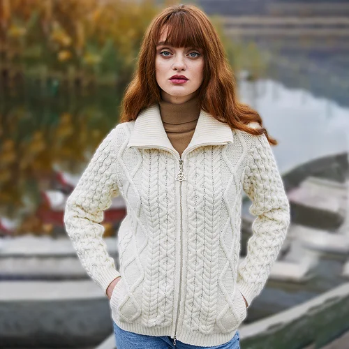 Irish Merino Cable Knit Bomber Jacket - Image 2 | Lily's Pad Studio