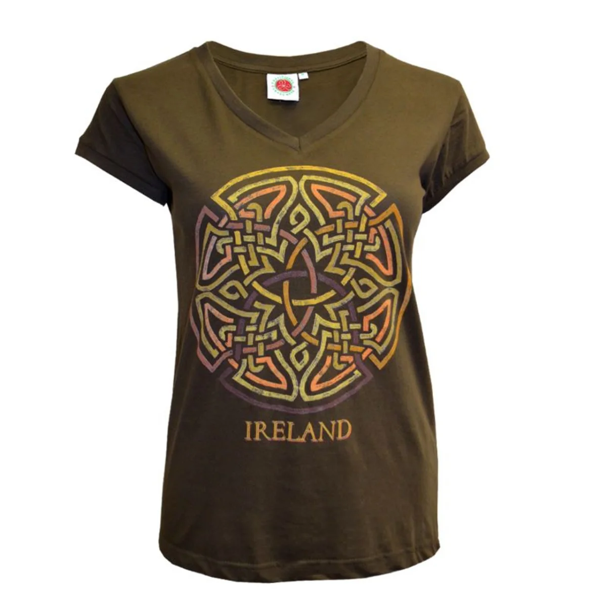 Khaki Ireland Celtic Knot V-Neck Ladies T-Shirt - Image 1 | Lily's Pad Studio