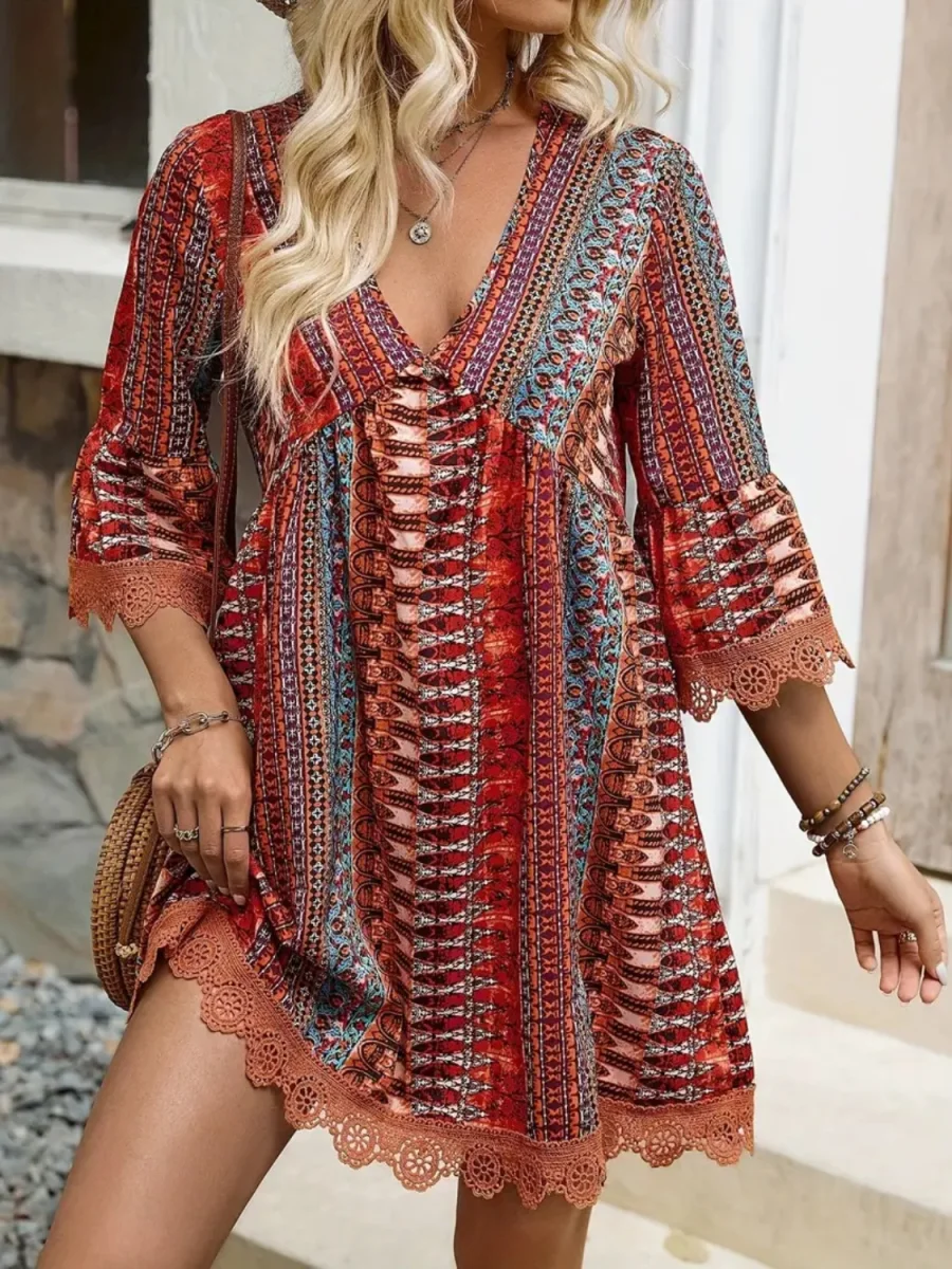 Lace Trim Printed V-Neck 3/4 Sleeve Dress | Lily's Pad Studio