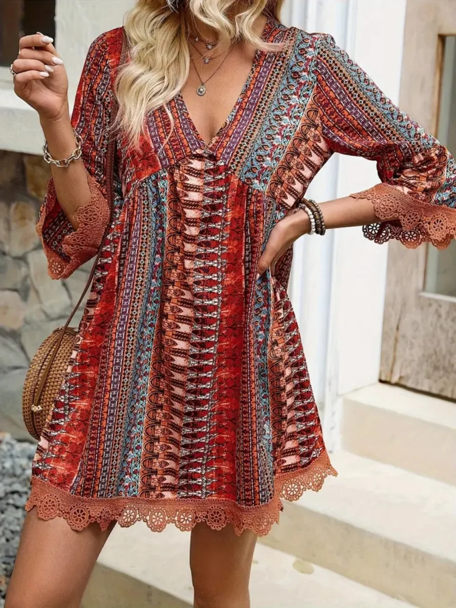 Lace Trim Printed V-Neck 3/4 Sleeve Dress - Image 2 | Lily's Pad Studio