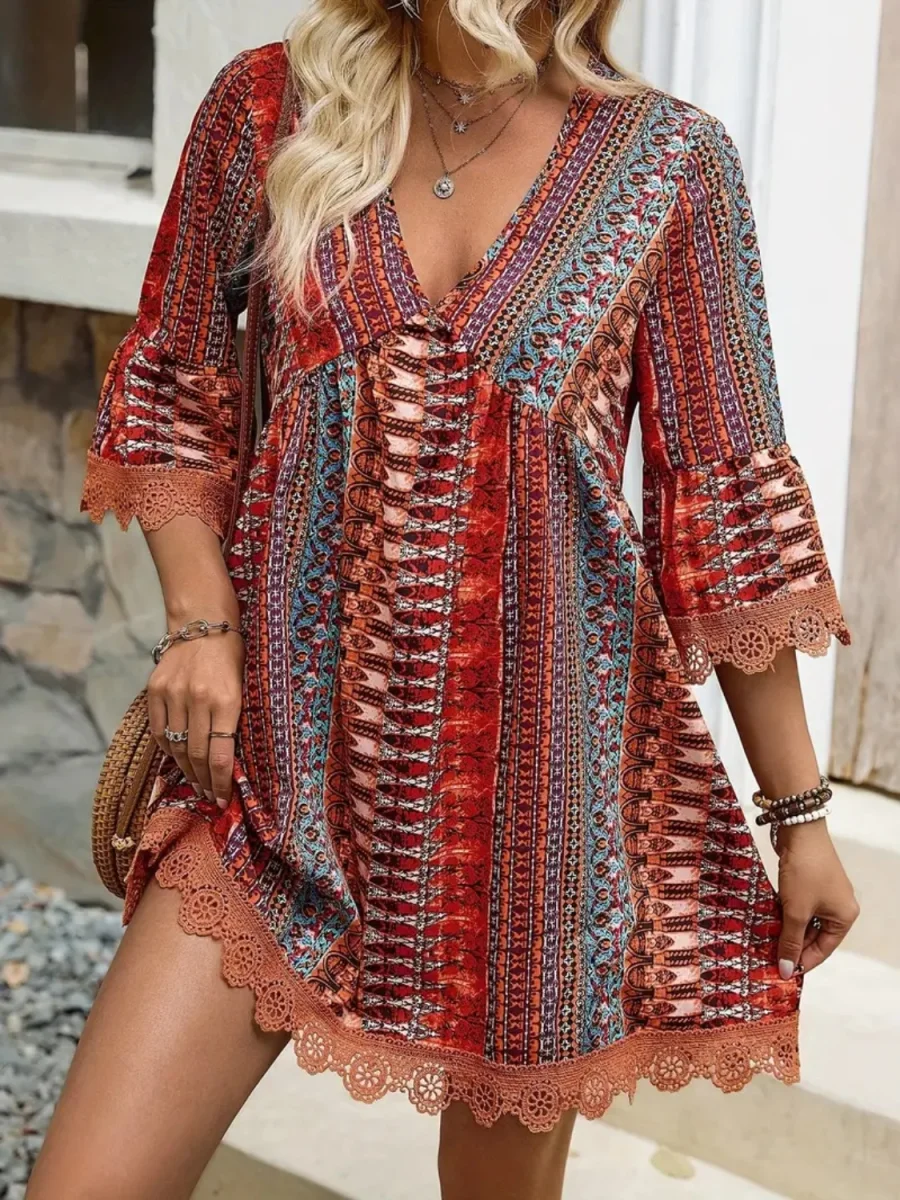 Lace Trim Printed V-Neck 3/4 Sleeve Dress - Image 4 | Lily's Pad Studio