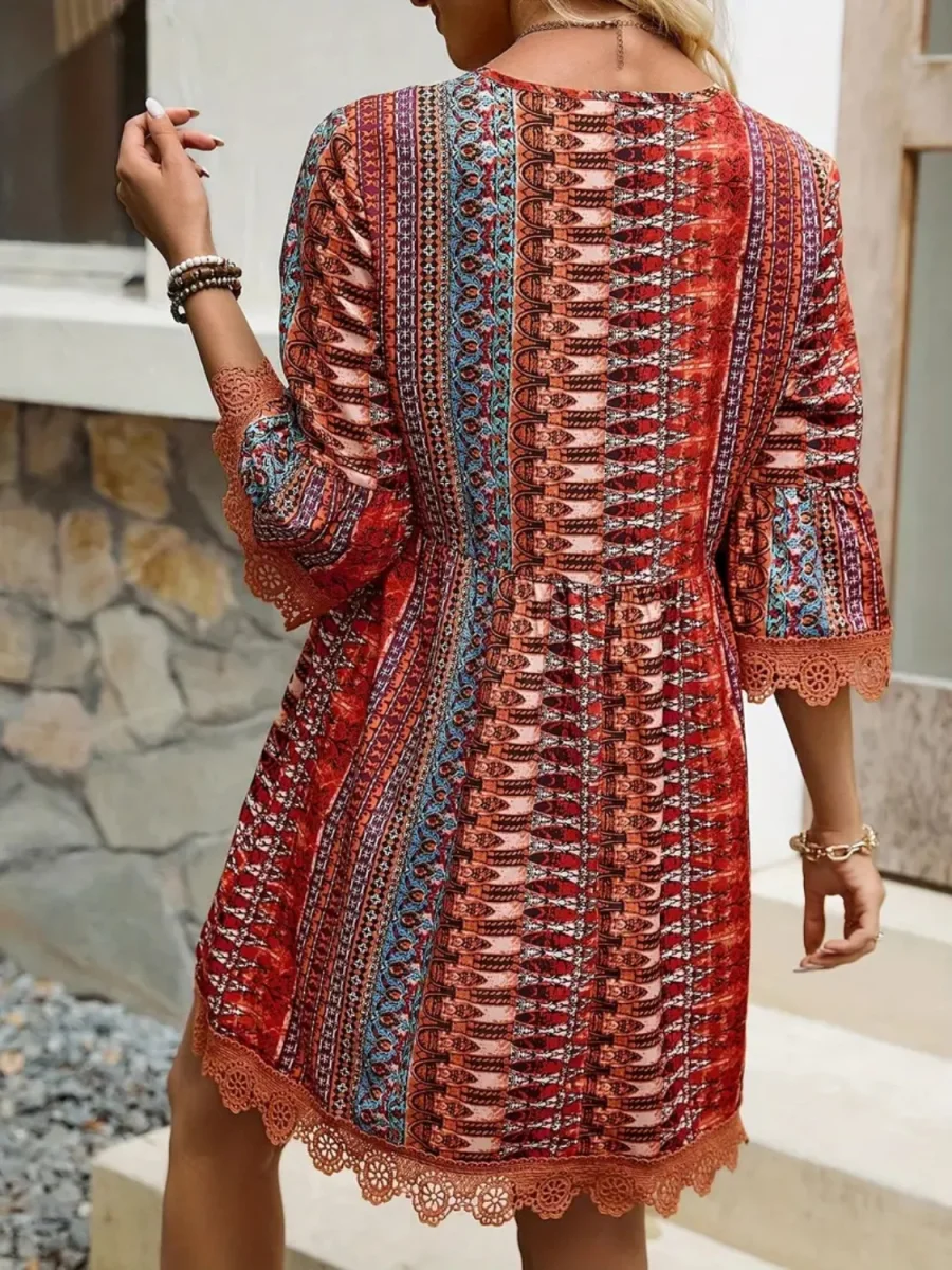 Lace Trim Printed V-Neck 3/4 Sleeve Dress - Image 5 | Lily's Pad Studio