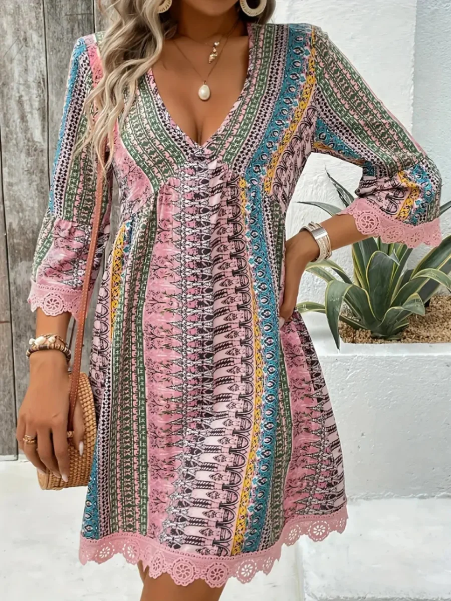 Lace Trim Printed V-Neck 3/4 Sleeve Dress - Image 6 | Lily's Pad Studio