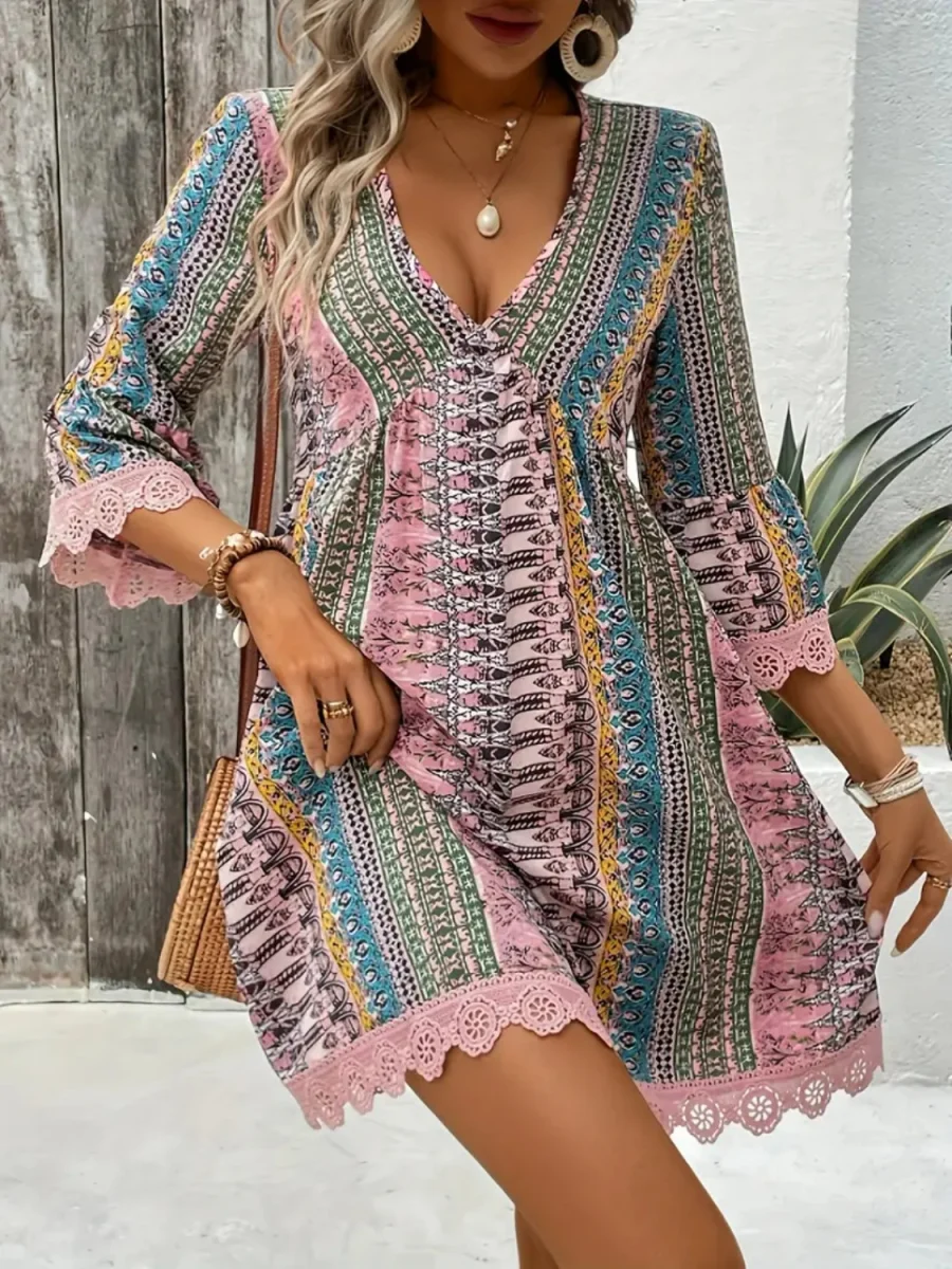 Lace Trim Printed V-Neck 3/4 Sleeve Dress - Image 7 | Lily's Pad Studio