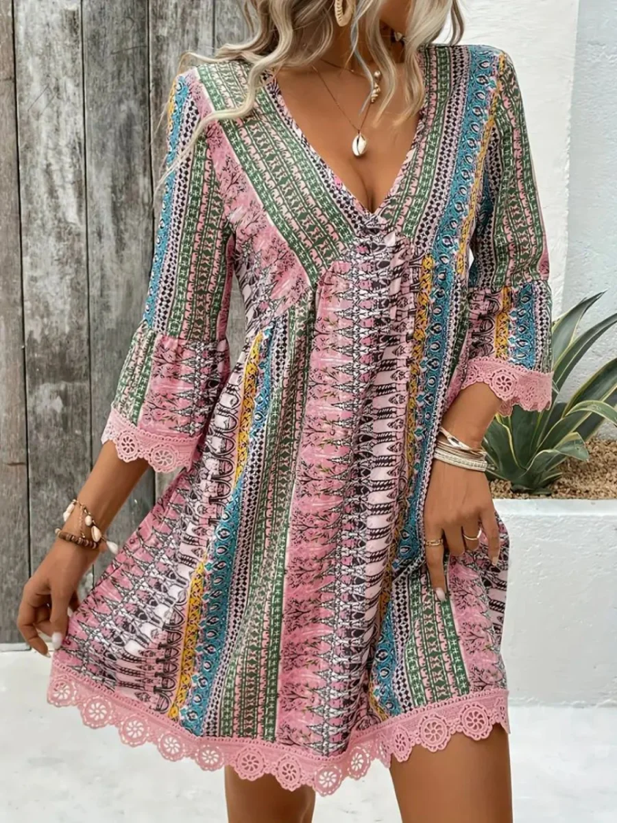 Lace Trim Printed V-Neck 3/4 Sleeve Dress - Image 8 | Lily's Pad Studio