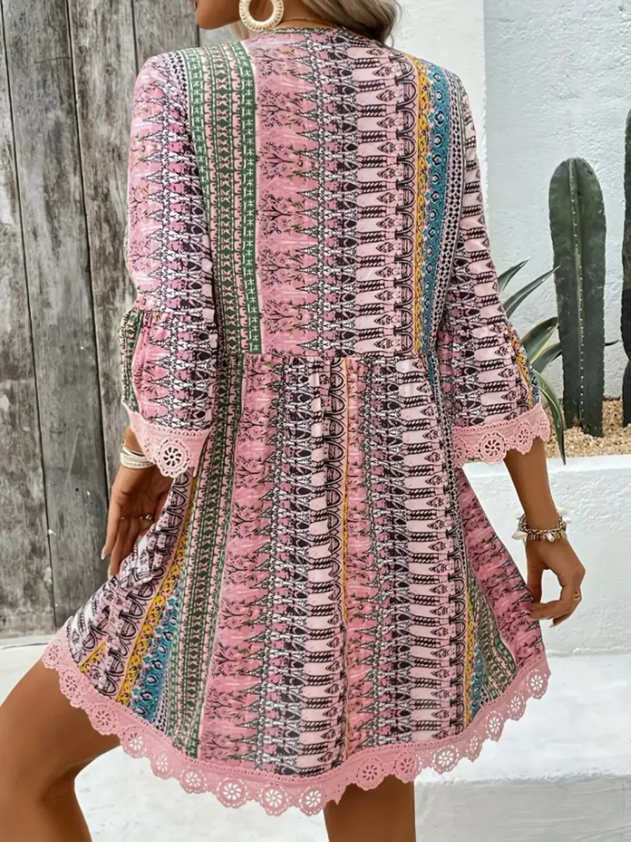 Lace Trim Printed V-Neck 3/4 Sleeve Dress - Image 9 | Lily's Pad Studio