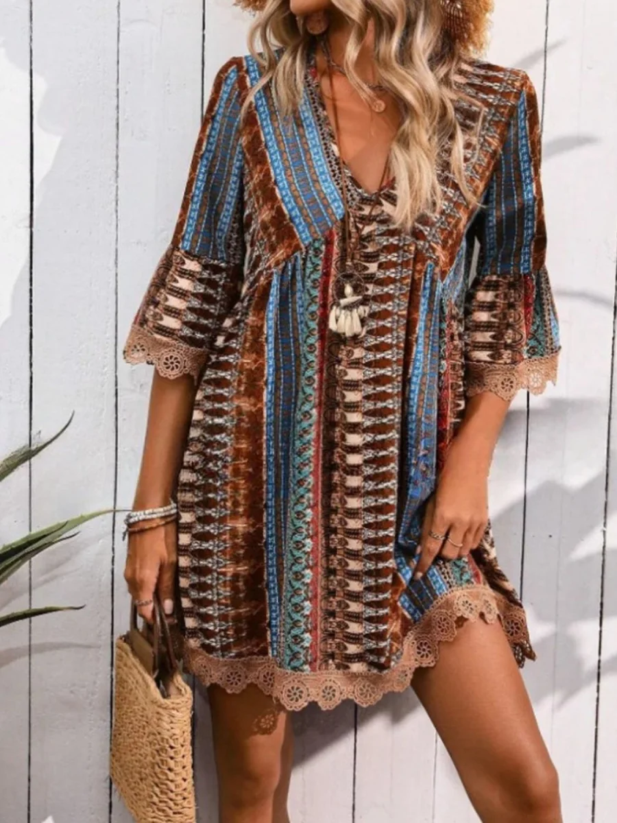 Lace Trim Printed V-Neck 3/4 Sleeve Dress - Image 10 | Lily's Pad Studio